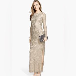 Ralph Lauren Gown dress Beige Lace Long Scalloped Metallic Size 10